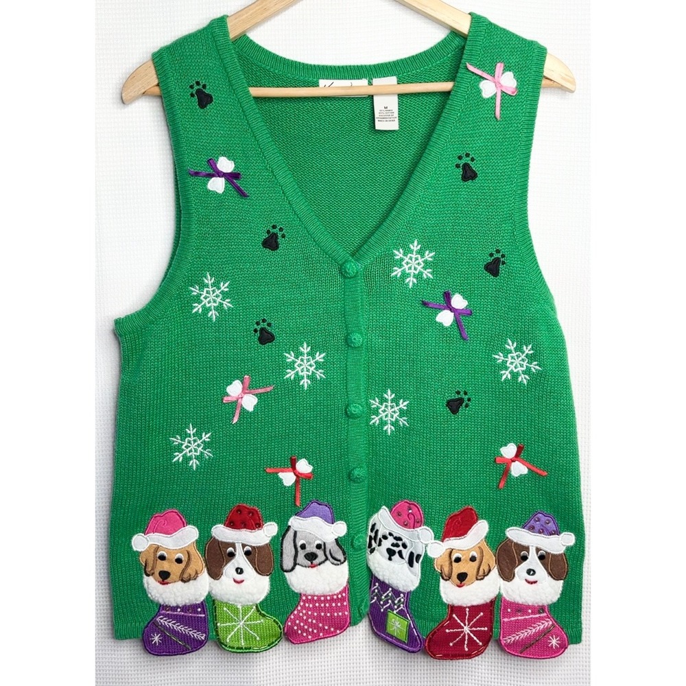 Vintage Christmas Sweater Vest Green Dog Lover Holiday Knit Medium Grandma Core